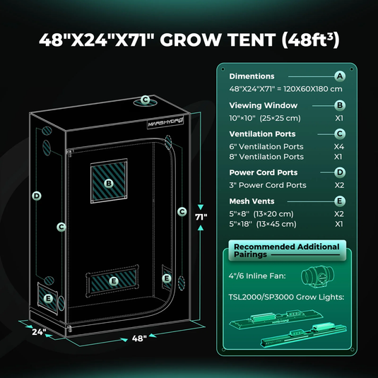 Mars Hydro - 4'x2'x6' Indoor Grow Tent | Lightproof Mylar, Sturdy Metal Frame