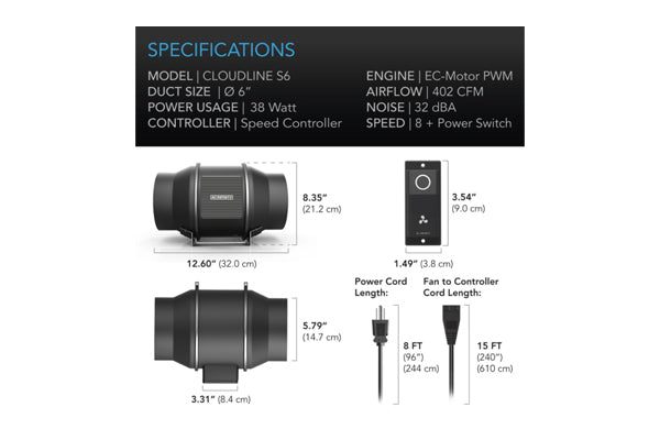 Load image into Gallery viewer, AC Infinity - Cloudline S6 Inline Duct Fan – Quiet with Speed Controller – 6&quot;
